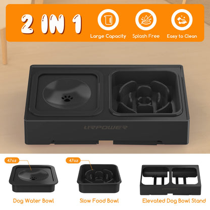 URPOWER 2-in-1 Elevated Slow Feeder Dog Bowls with No Spill Dog Water Bowl 4 Height Adjustable Raised Dog Bowl Non-Slip Dog Food and Water Bowls with Stand for Small Medium Large Dogs, Cats and Pets