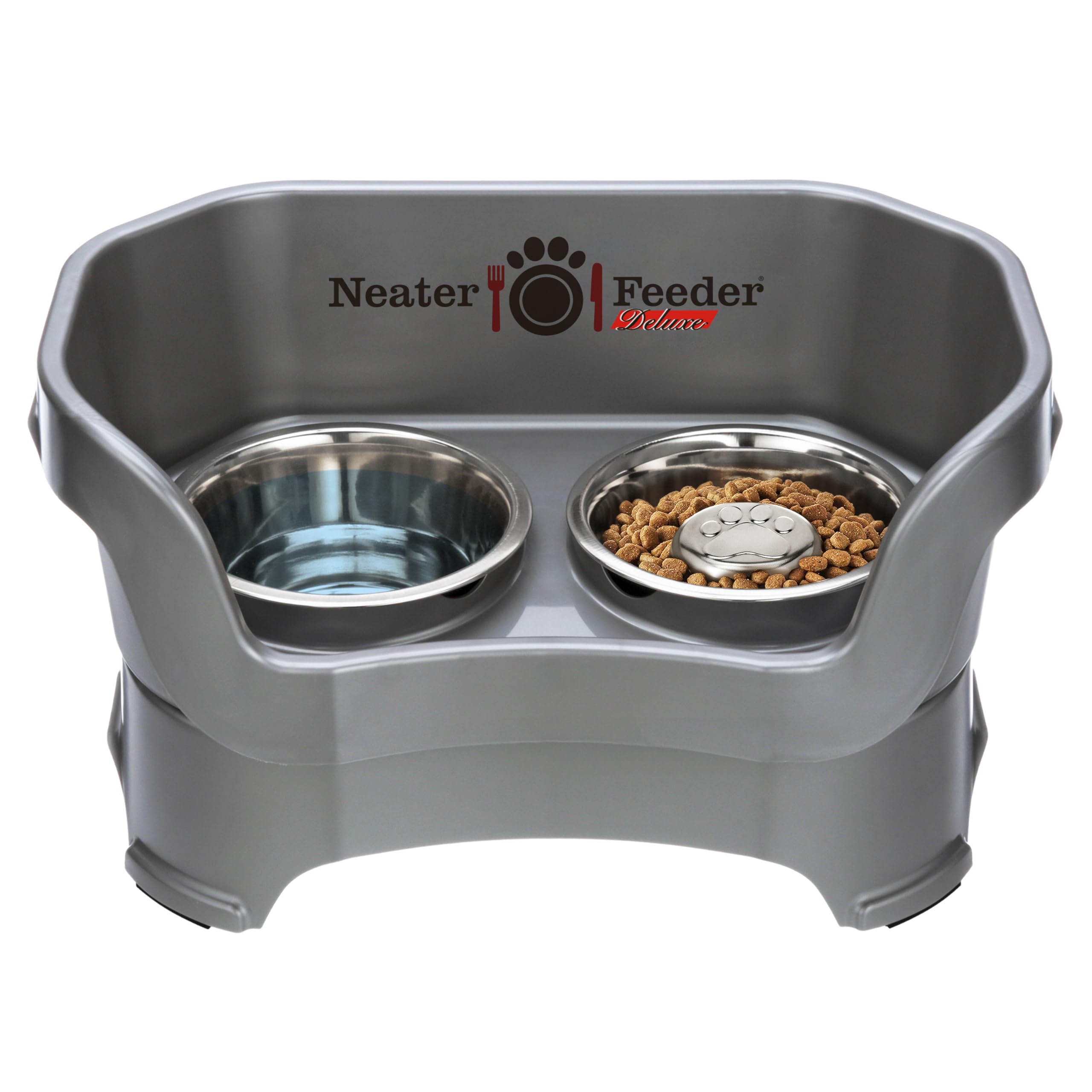 Neater Feeder Deluxe Medium Mess Proof Feeder for Medium Dogs, 1 Cup Slow Feed Bowl &amp; 5 Cup Stainless Steel Water Bowl, Elevated, No Spill, Non-Tip, Non-Slip. Aids Digestion. Made in USA