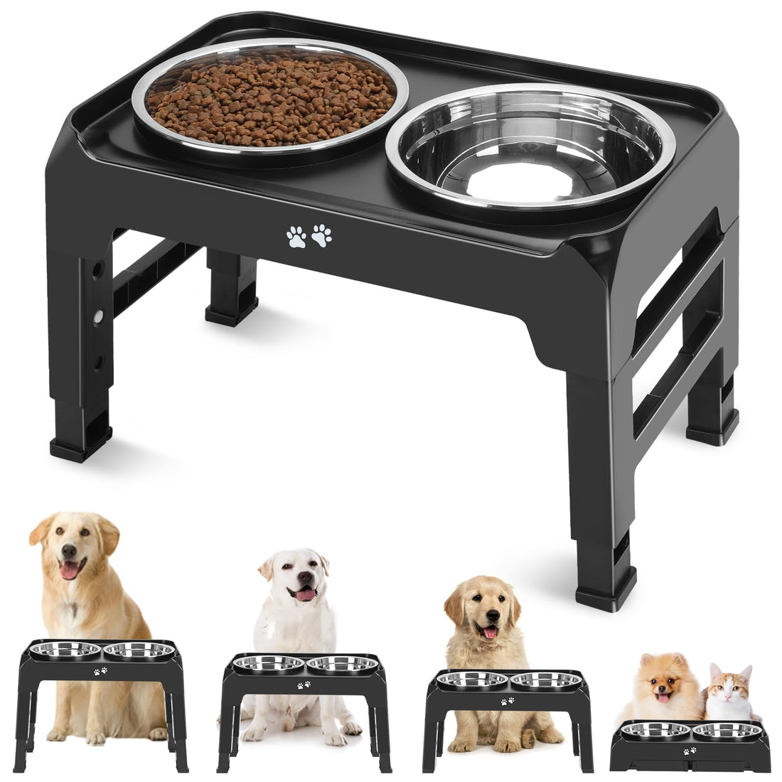 Elevated Dog Bowls, 4 Height Adjustable Raised Dog Bowl Stand with 2 Thick 50oz Stainless Steel Dog Food Bowls Non-Slip Dog Feeder for Large Medium Dogs Adjusts to 3.7&quot;, 9.2&quot;, 10.75&quot;, 12.36&quot; Black