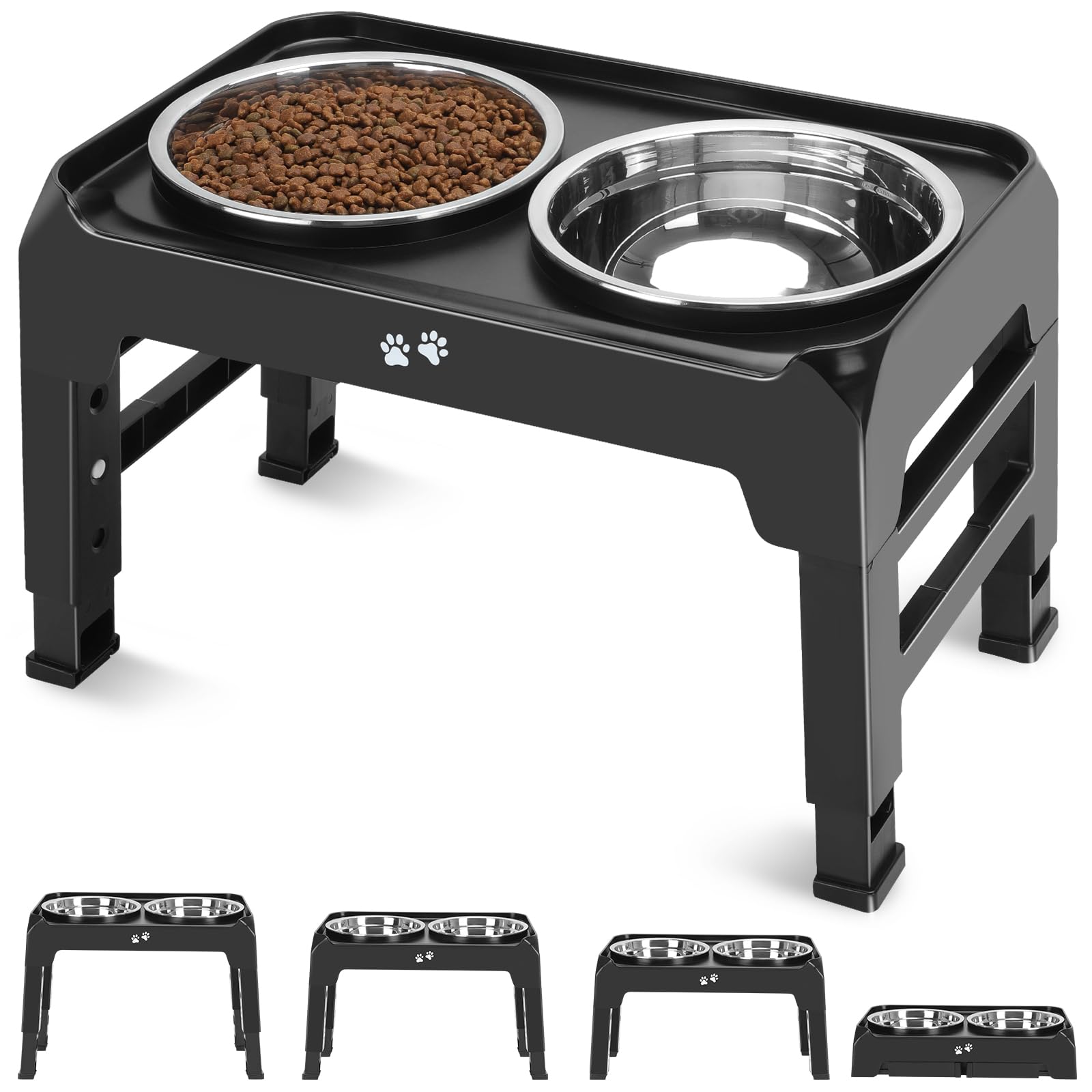 Elevated Dog Bowls, 4 Height Adjustable Raised Dog Bowl Stand with 2 Thick 50oz Stainless Steel Dog Food Bowls Non-Slip Dog Feeder for Large Medium Dogs Adjusts to 3.7&quot;, 9.2&quot;, 10.75&quot;, 12.36&quot; Black