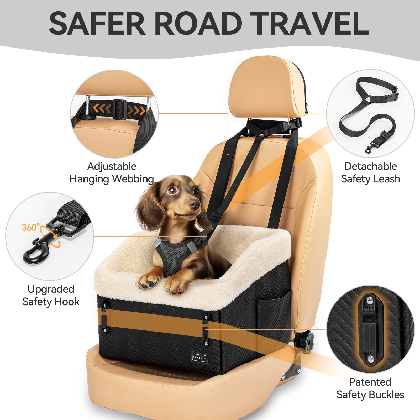 PETSFIT Small Dog Car Seat, Waterproof PU Leather Dog Booster Car Seat with Patented Safe Buckles, Detachable Dog Seat Belt for Car, Dog Car Seat Medium Sized Dog up to 30 lbs (Black)