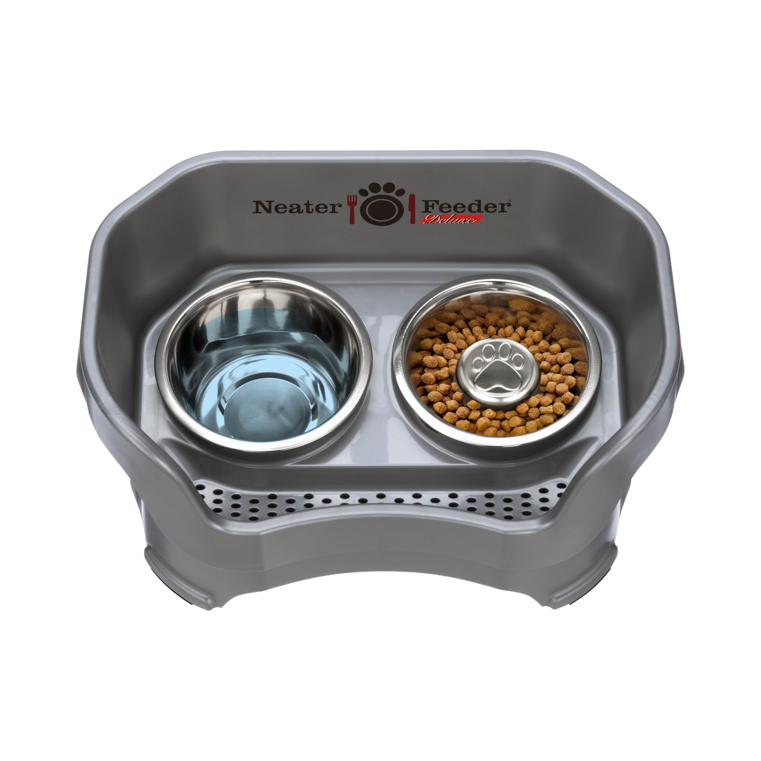 Neater Feeder Deluxe Medium Mess Proof Feeder for Medium Dogs, 1 Cup Slow Feed Bowl &amp; 5 Cup Stainless Steel Water Bowl, Elevated, No Spill, Non-Tip, Non-Slip. Aids Digestion. Made in USA