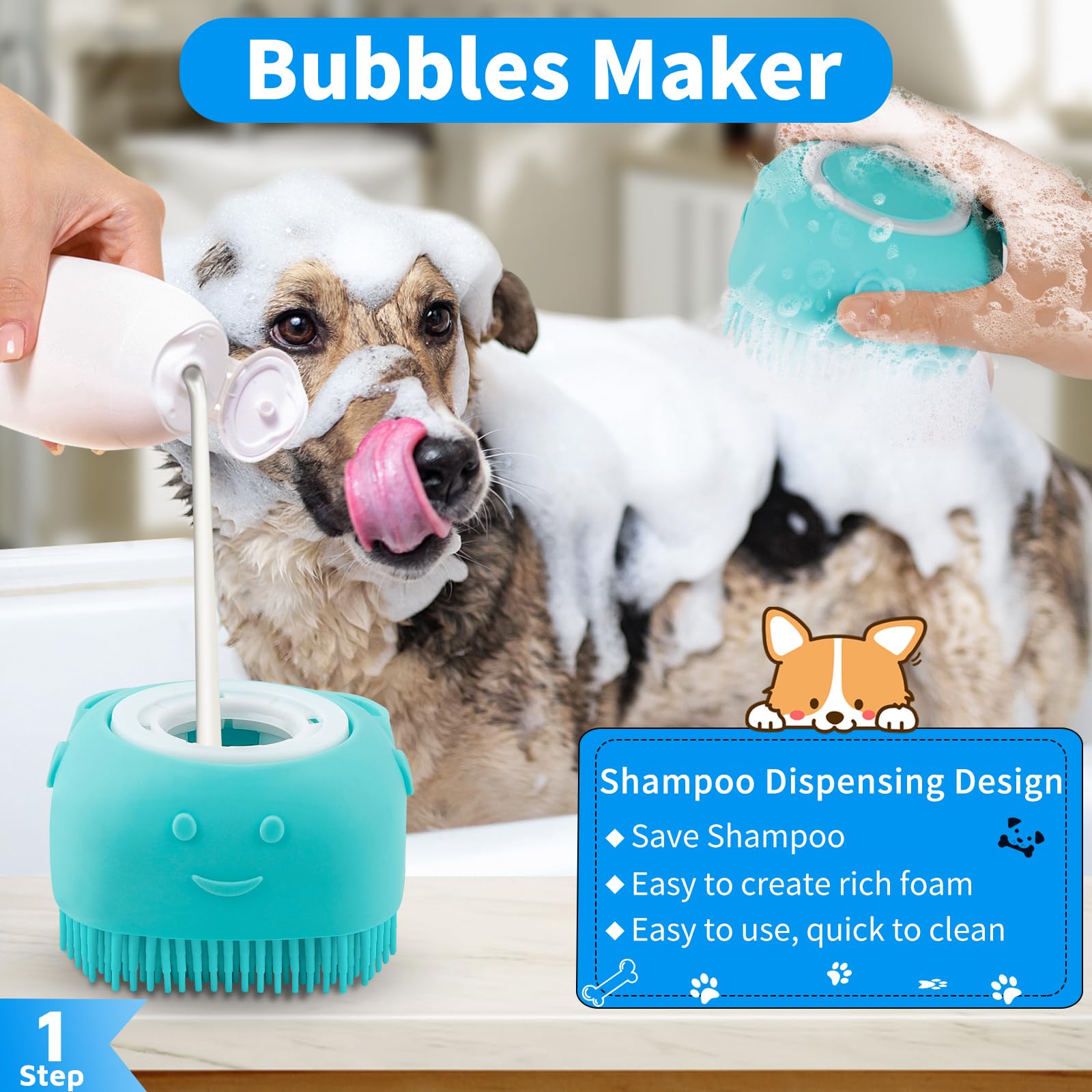 Comotech 3PCS Dog Bath Brush | Dog Shampoo Brush | Dog Scrubber for Bath | Dog/Grooming/Washing Brush Scrubber with Adjustable Ring Handle for Short &amp; Long Haired Dogs/Cats (Blue Blue White)