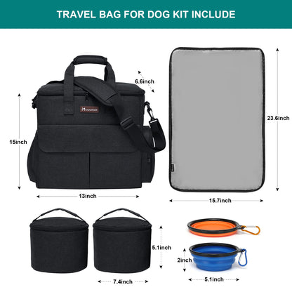 Modoker Dog Travel Bag Dog Travel Kit for a Weekend Away Set Includes Pet Travel Bag Organizer for Accessories, 2 Collapsible Dog Bowls, 2 Travel Dog Food Container (Black)