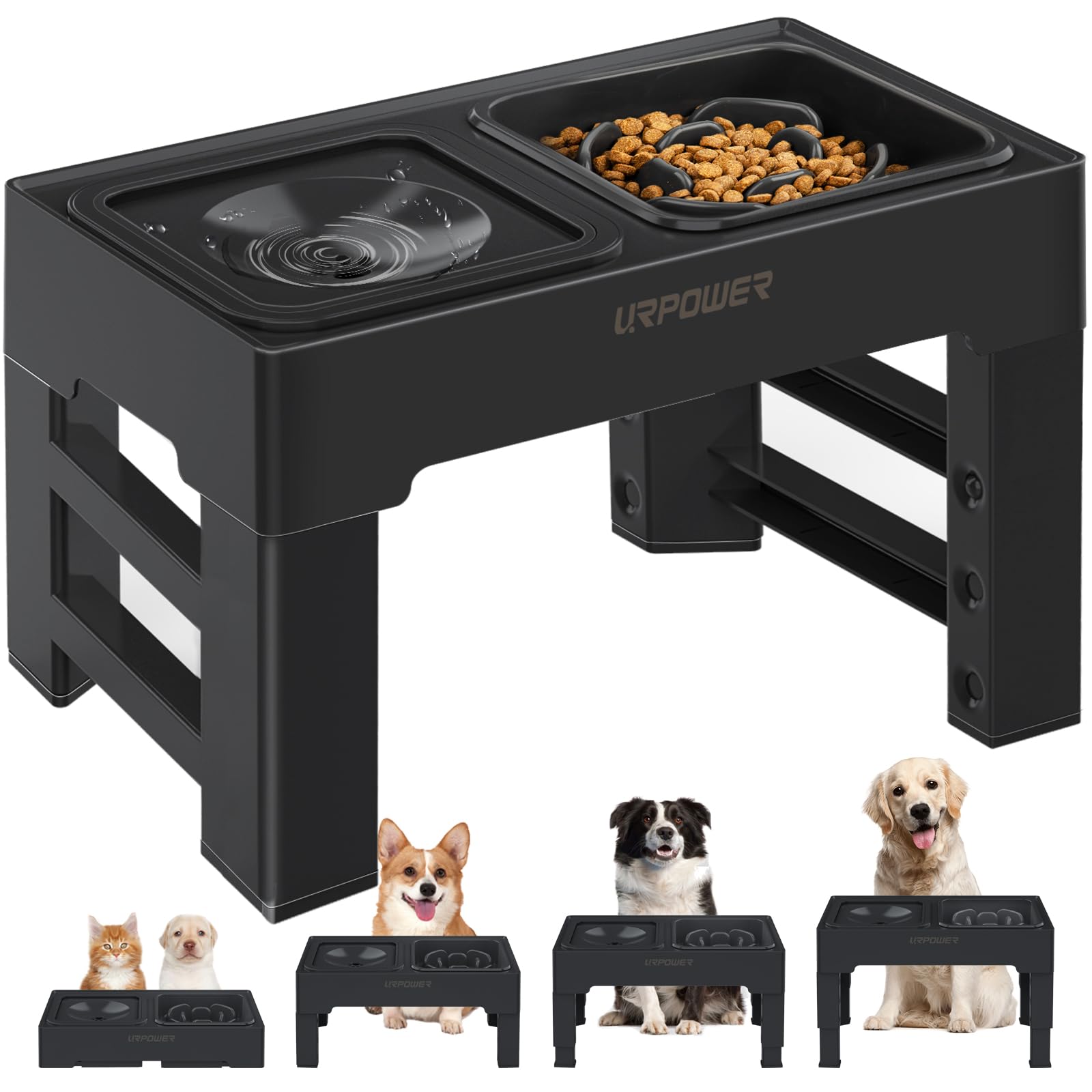 URPOWER 2-in-1 Elevated Slow Feeder Dog Bowls with No Spill Dog Water Bowl 4 Height Adjustable Raised Dog Bowl Non-Slip Dog Food and Water Bowls with Stand for Small Medium Large Dogs, Cats and Pets