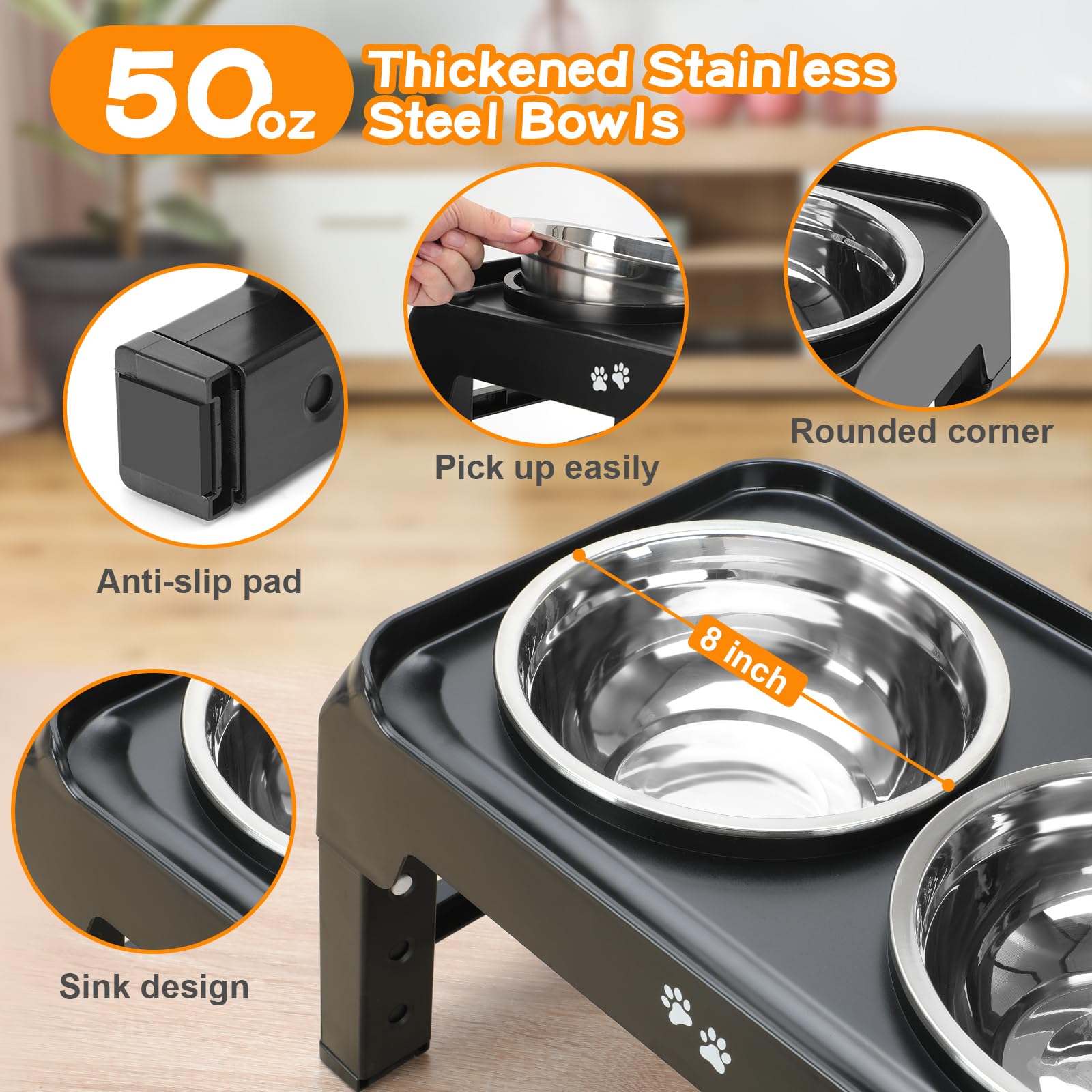 Elevated Dog Bowls, 4 Height Adjustable Raised Dog Bowl Stand with 2 Thick 50oz Stainless Steel Dog Food Bowls Non-Slip Dog Feeder for Large Medium Dogs Adjusts to 3.7&quot;, 9.2&quot;, 10.75&quot;, 12.36&quot; Black