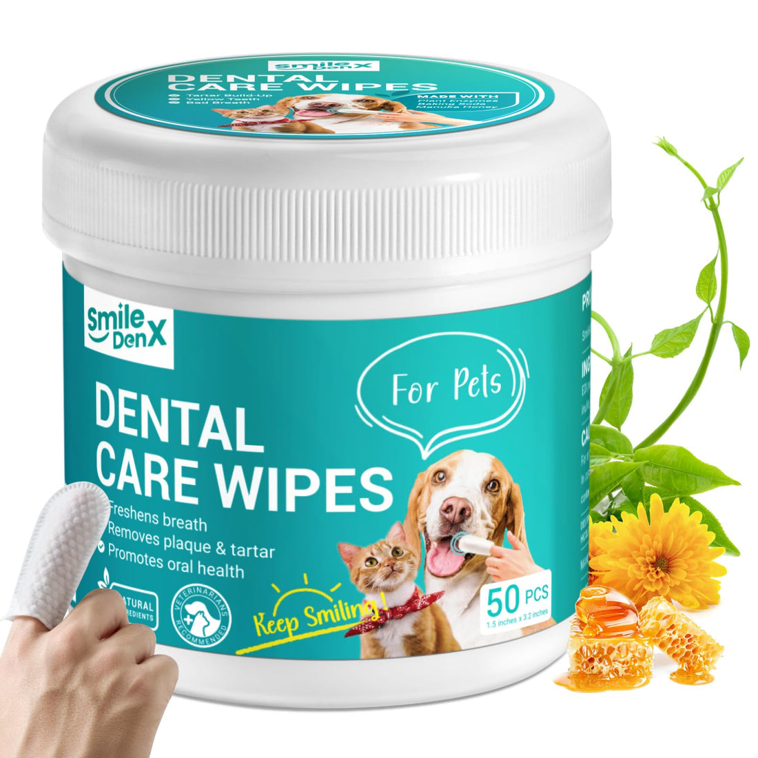 SmileDenX Dog Dental Care Wipes - Cat &amp; Dog Teeth Cleaning Finger Wipes - Dog Tooth Brushing Kit Dental Wipes - Reduces Plaque &amp; Freshens Breath (50 Pcs)