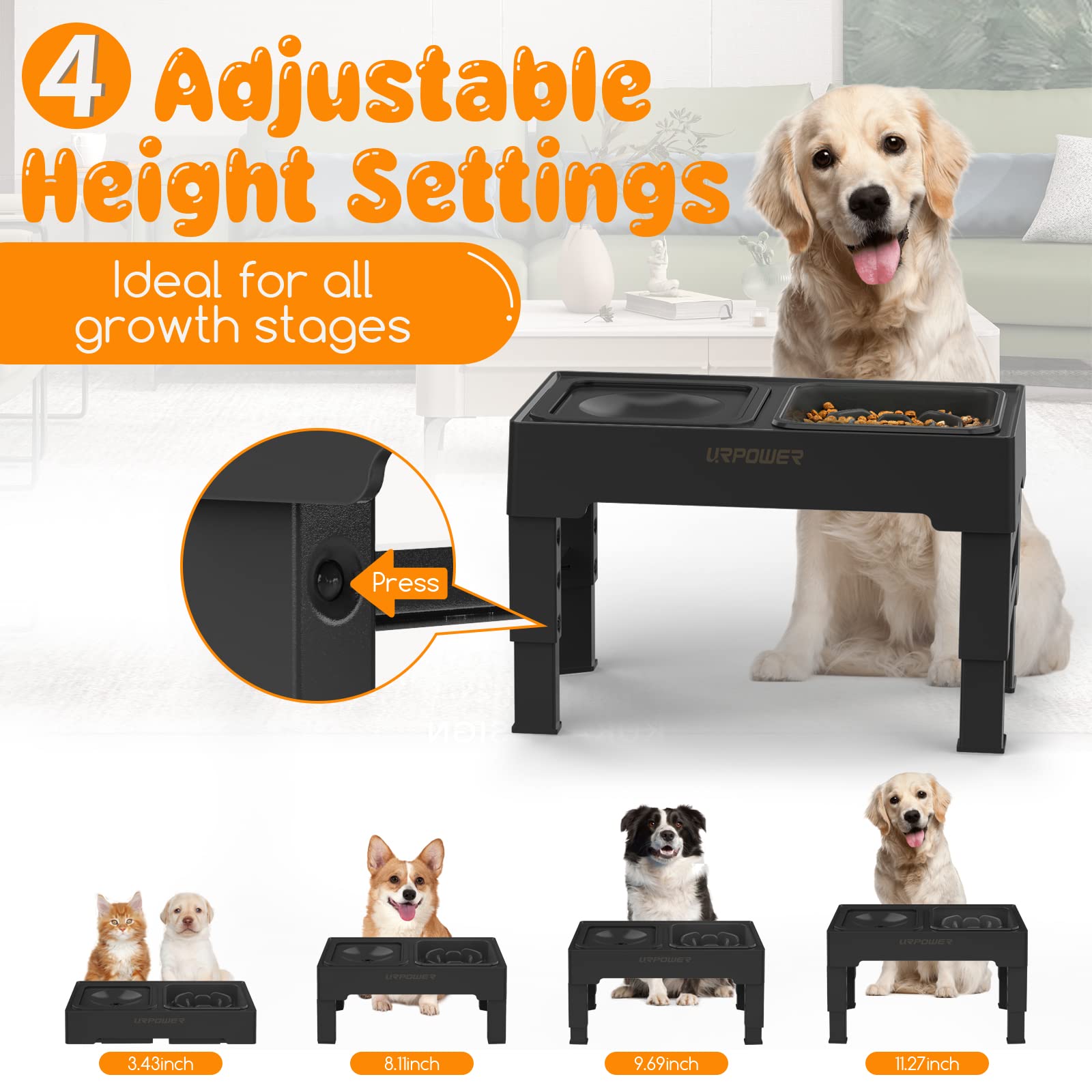 URPOWER 2-in-1 Elevated Slow Feeder Dog Bowls with No Spill Dog Water Bowl 4 Height Adjustable Raised Dog Bowl Non-Slip Dog Food and Water Bowls with Stand for Small Medium Large Dogs, Cats and Pets