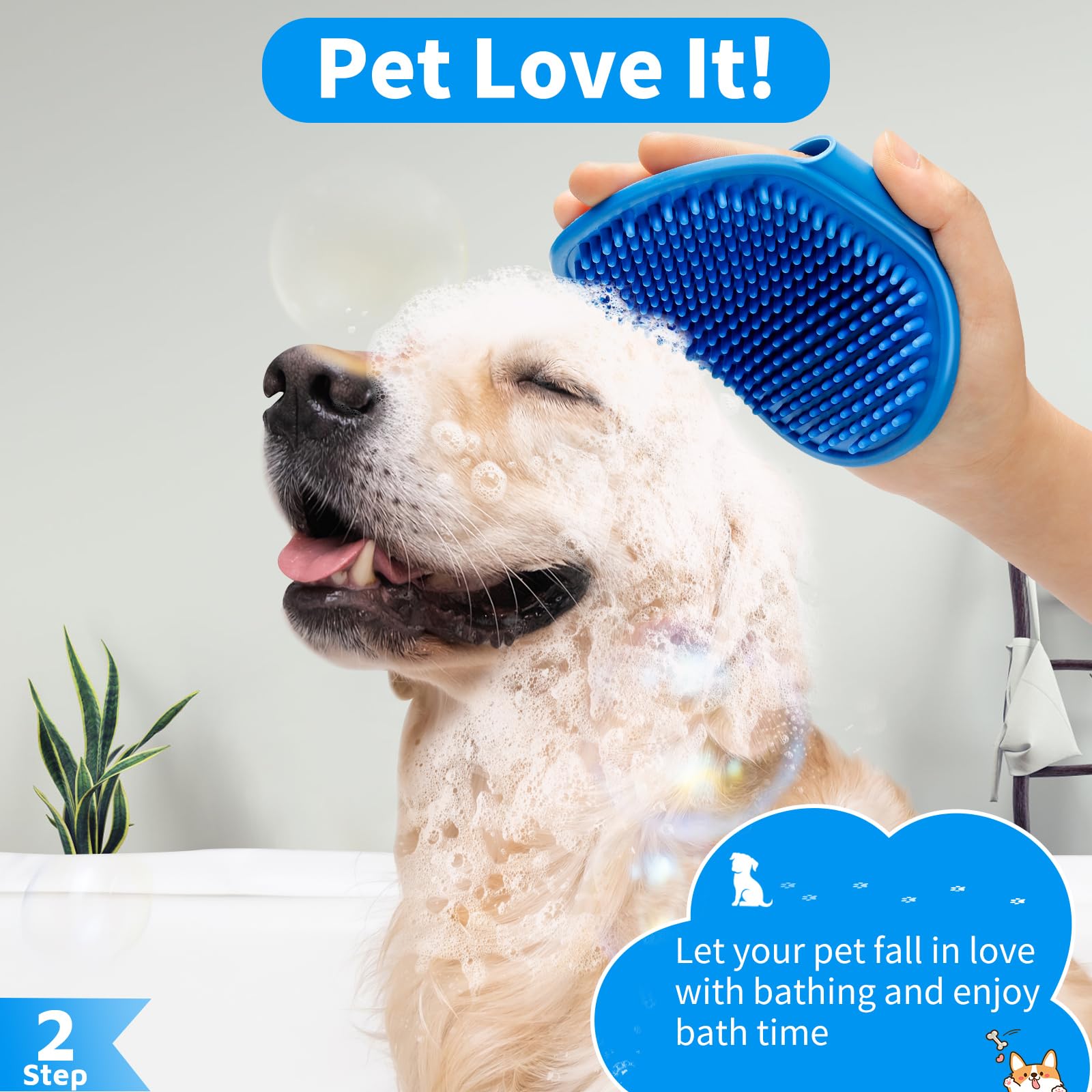 Comotech 3PCS Dog Bath Brush | Dog Shampoo Brush | Dog Scrubber for Bath | Dog/Grooming/Washing Brush Scrubber with Adjustable Ring Handle for Short &amp; Long Haired Dogs/Cats (Blue Blue White)