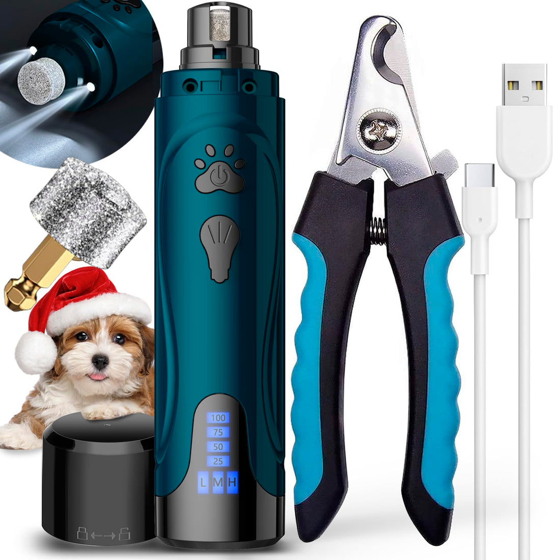 Dog Nail Grinder, Dog Nail Trimmers and Clippers Kit, Super Quiet Electric Pet Nail Grinder, Rechargeable, for Small Large Dogs &amp; Cats Toenail &amp; Claw Grooming,3 Speeds, 2 Grinding Wheels (A-Dark Blue)