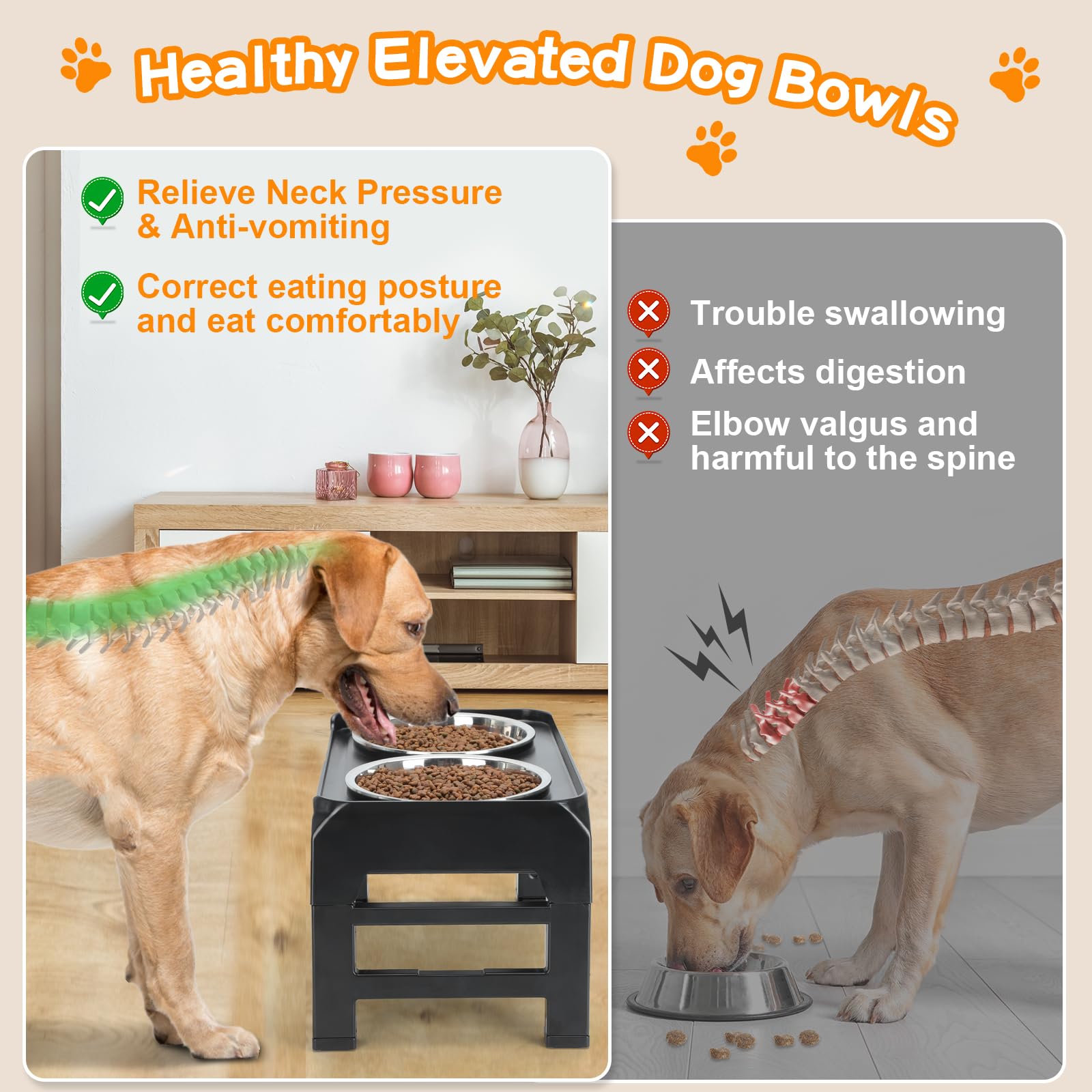 Elevated Dog Bowls, 4 Height Adjustable Raised Dog Bowl Stand with 2 Thick 50oz Stainless Steel Dog Food Bowls Non-Slip Dog Feeder for Large Medium Dogs Adjusts to 3.7&quot;, 9.2&quot;, 10.75&quot;, 12.36&quot; Black