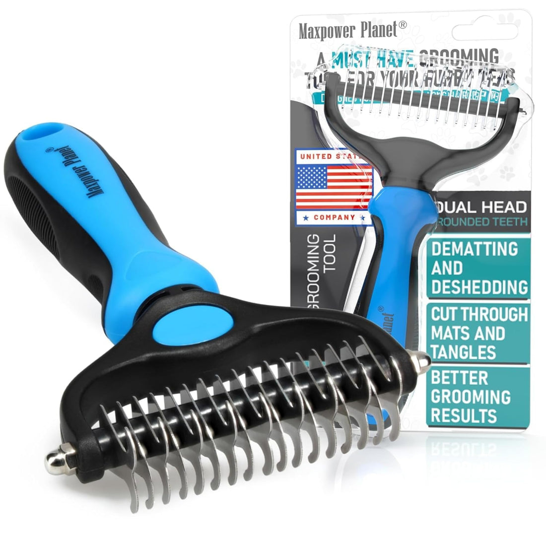 Maxpower Planet Pet Grooming Rake - Double-Sided Dematting Undercoat Brush for Dogs and Cats, Extra Wide, Reduces Shedding by 95%, Blue