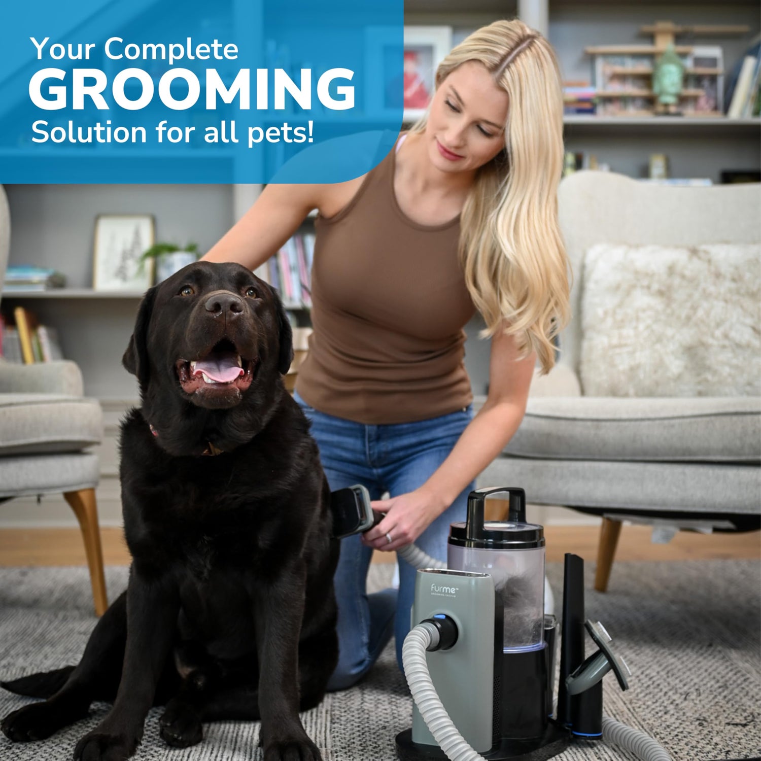 furMe Professional Plus Pet Grooming Vacuum Kit with 5 Pet Grooming Tools &amp; 2L Canister - Quiet &amp; Safe Grooming Set for All Dogs, Cats and Pets