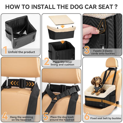 PETSFIT Small Dog Car Seat, Waterproof PU Leather Dog Booster Car Seat with Patented Safe Buckles, Detachable Dog Seat Belt for Car, Dog Car Seat Medium Sized Dog up to 30 lbs (Black)