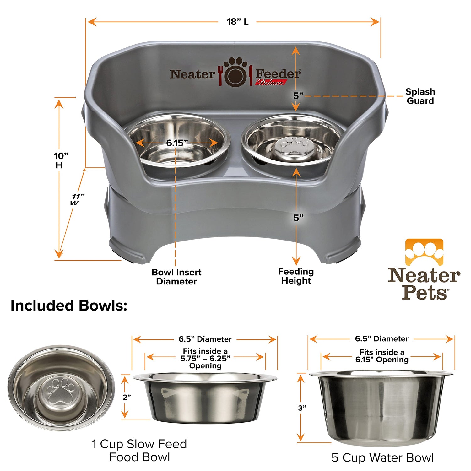 Neater Feeder Deluxe Medium Mess Proof Feeder for Medium Dogs, 1 Cup Slow Feed Bowl &amp; 5 Cup Stainless Steel Water Bowl, Elevated, No Spill, Non-Tip, Non-Slip. Aids Digestion. Made in USA