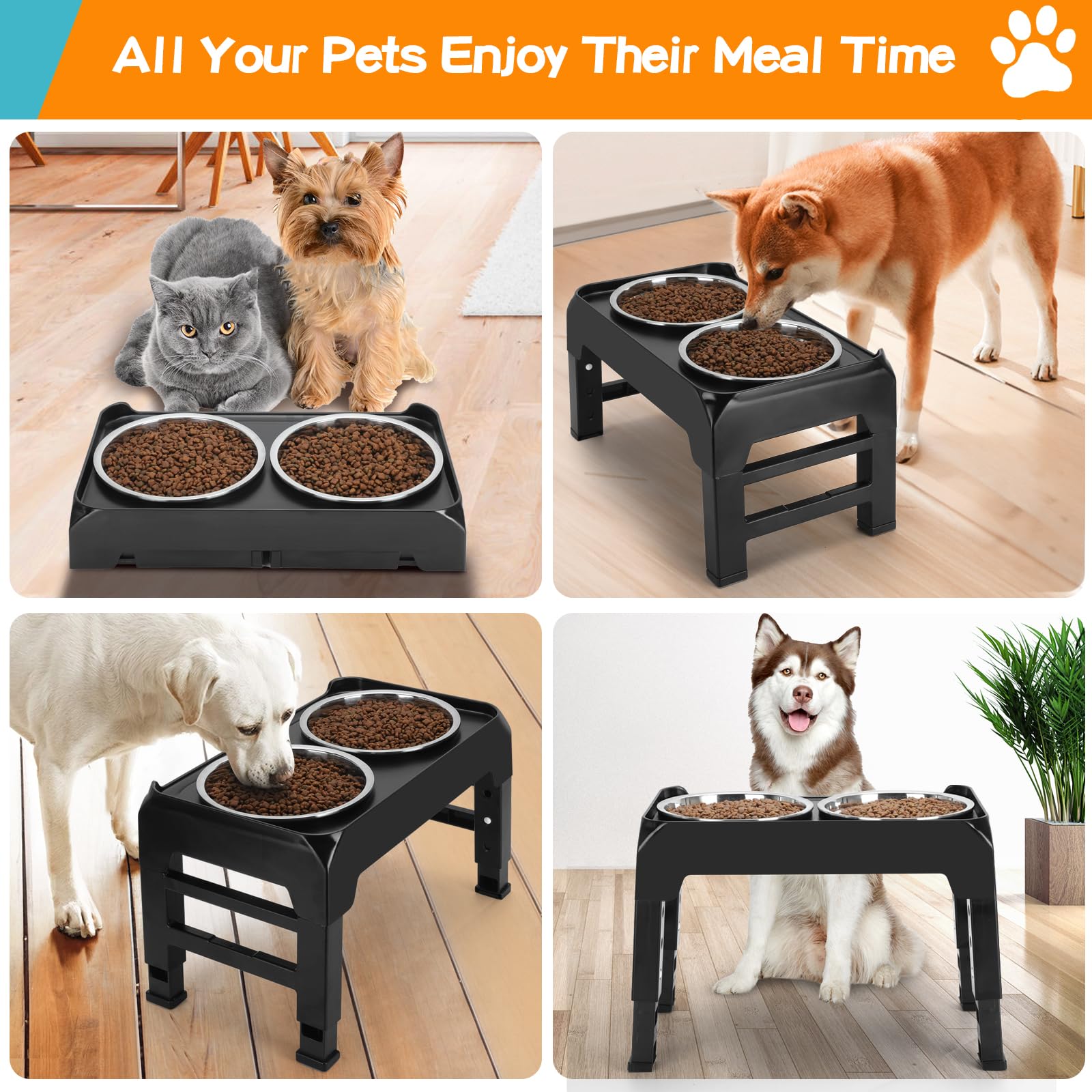 Elevated Dog Bowls, 4 Height Adjustable Raised Dog Bowl Stand with 2 Thick 50oz Stainless Steel Dog Food Bowls Non-Slip Dog Feeder for Large Medium Dogs Adjusts to 3.7&quot;, 9.2&quot;, 10.75&quot;, 12.36&quot; Black