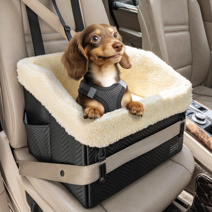 PETSFIT Small Dog Car Seat, Waterproof PU Leather Dog Booster Car Seat with Patented Safe Buckles, Detachable Dog Seat Belt for Car, Dog Car Seat Medium Sized Dog up to 30 lbs (Black)