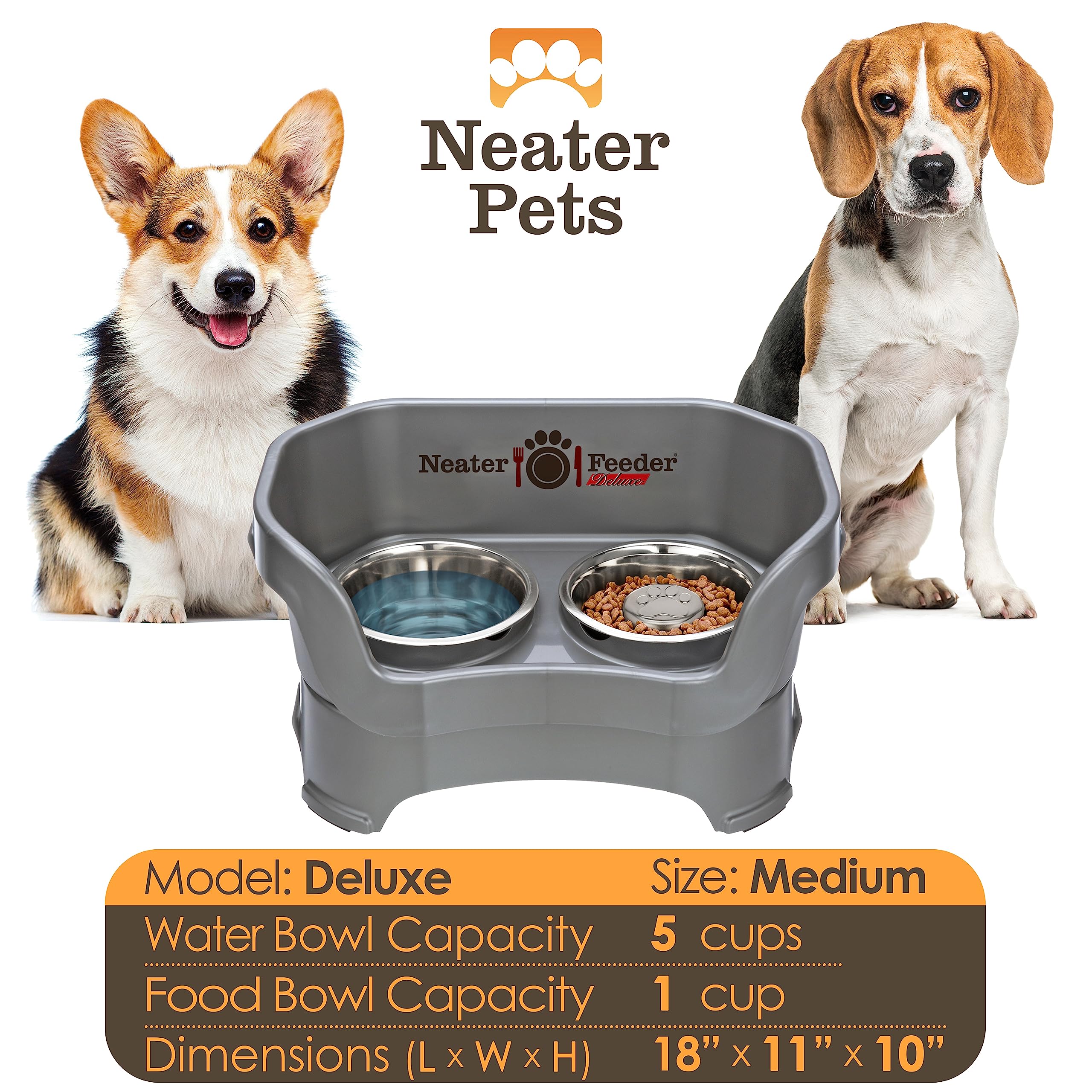 Neater Feeder Deluxe Medium Mess Proof Feeder for Medium Dogs, 1 Cup Slow Feed Bowl &amp; 5 Cup Stainless Steel Water Bowl, Elevated, No Spill, Non-Tip, Non-Slip. Aids Digestion. Made in USA